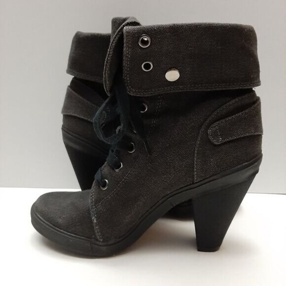 ALDO Canvas Lace-Up High Heel Fold-Over Ankle Boots Sz 8 - 8.5 - Picture 11 of 15